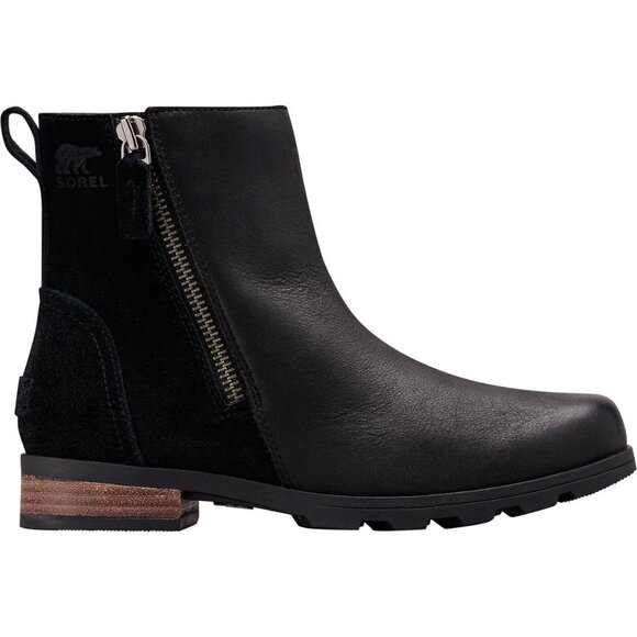 Sorel Emilie Womens sz 8.5 Black Nubuck Leather Suede Low Block Heel Ankle Boots - Picture 1 of 11